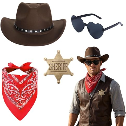 HarnyLoom Cowboy Hut Damen Herren Cowboyhut mit Herzförmige Brille Bandanas Anstecker, Cowboyhüte Outfits Zubehör für Karneval Fasching Halloween (Braun)