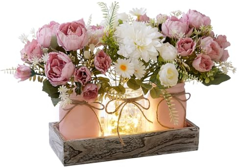 SUNNY BROOK 3PCS Artificial Spring Flowers in Mason Jars with Rustic Wood Tray, Fake Floral Centerpiece, Faux Silk Peony & Dahlia for Farmhouse Home Spring Décor Kitchen Coffee Table Arrangement, Pink