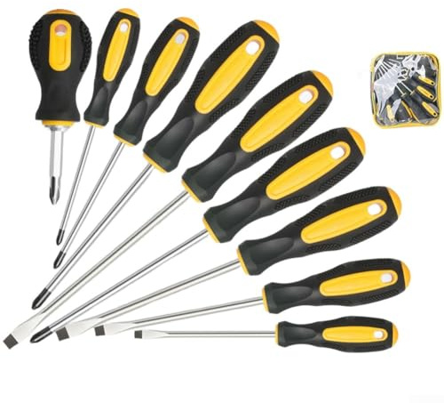 Set di 9 cacciaviti magnetici con impugnatura ergonomica antiscivolo, tra cui tipi a croce e a testa piatta per attività domestiche e in garage