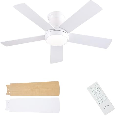 CJOY Ceiling Fan with Light and Remote, 42 inch Flush Mount Ceiling Fans with Lights, Reversible DC, 6 Speed, Dimmable, Quiet, Sleep Mode, Fan Light for Kitchen/Living Room