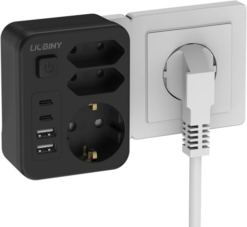 7 en 1 Regletas Enchufes con 4 USB, Enchufe de Pared con Interruptor Negro | Enchufe Múltiple Ladron Enchufes 3680W 16A, Enchufe Doble USB C para Oficina, Dormitorio, Compatible con Teléfono, Tableta