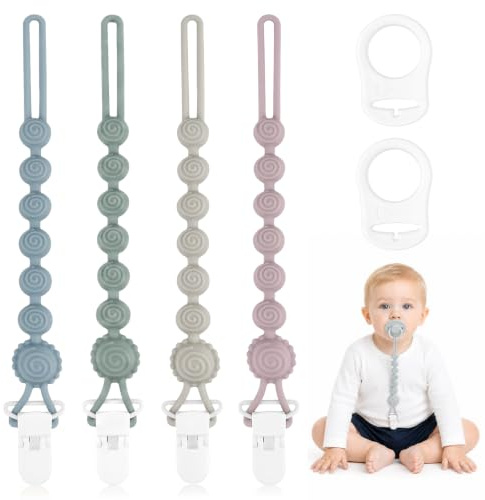 Lot de 4 attache-tétine en silicone pour fille et garçon | Chaîne de tétine universelle avec 2 anneaux en silicone, convient pour bébé, élastique et robuste