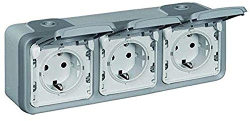 LEGRAND, Plexo Classic Feuchtraum-Aufputz-Schutzkontakt-Steckdose, 3-fach (SL), horizontal, vorverschient, 16 A/250 V, IP44 - IK07, grau, 069743