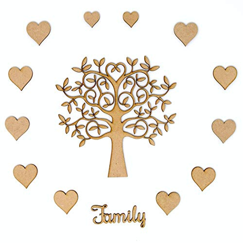 Kit pour réaliser un arbre généalogique - Arbre en MDF, cœurs et inscription «Family»Réalisez votre propre arbre généalogique, 15 cm