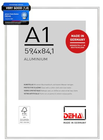 DEHA Design Bilderrahmen, 59,4 x 84,1 cm (A1), Aluminium, Silber glanz, Posterrahmen zum Aufhängen im Hoch- & Querformat, bruchsicheres Kunstglas, Boston