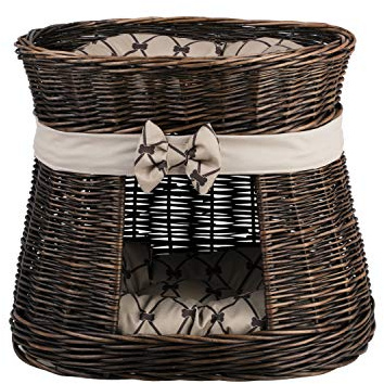 e-wicker24 Ovale dunkelbraune Katzenhütte, Katzenkorb aus Weide, Korb für die Katze mit Zwei Etagen, Katzenlager mit Kissen, Katzenturm (Beige)