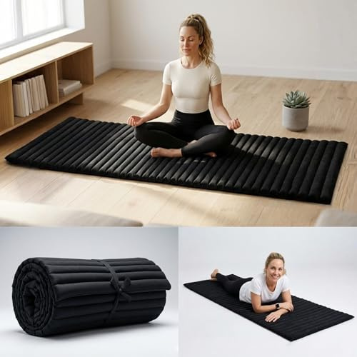 Leewadee - Foldable Floor Mattress - Japanese Roll Up Futon -Trifold Tatami Mat- Guest Floor Bed - Camping Mattress - Thai Massage Mat, Kapok Filled, 75 x 28 inches, Black