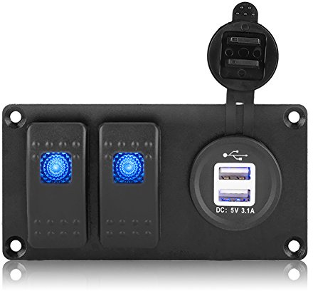 KIMISS 2 Gang Blue LED-Wippschalter, Aluminium-Schalttafel mit zwei USB-Anschlüssen für 12V-24V-Autos, Marineboote, Yachten
