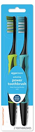 Amazon Basics Soft Electric Toothbrushes for Adults, Pulsating Deep Cleaning, Plaque Removal, Sensitive Gums, Battery Powered, Soft Bristles, 2 Count, Assorted Colors
