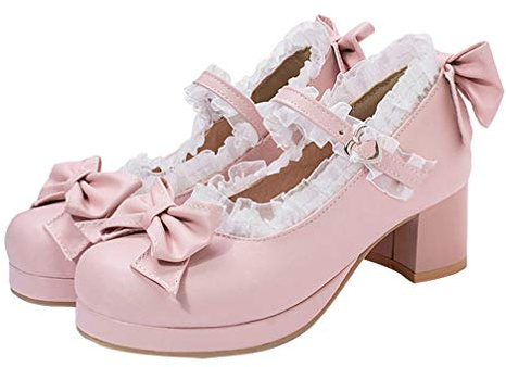 Holibanna Vintage Women Chunky Heel Pumps with Bowknot and Lace Platform High Heeled Shoes Mary Jane Lolita Shoes 1 Pair