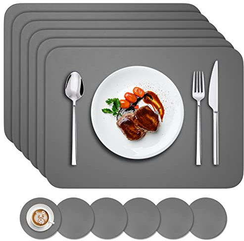 BANNIO Juego de 12 Mantel Individual,6 PVC Antideslizantes Manteles Individuales und 6 Posavasos,Salvamanteles Individuales Lavables Antimanchas,41x31cm para Restaurantes,Cocinas (Gris Oscuro)