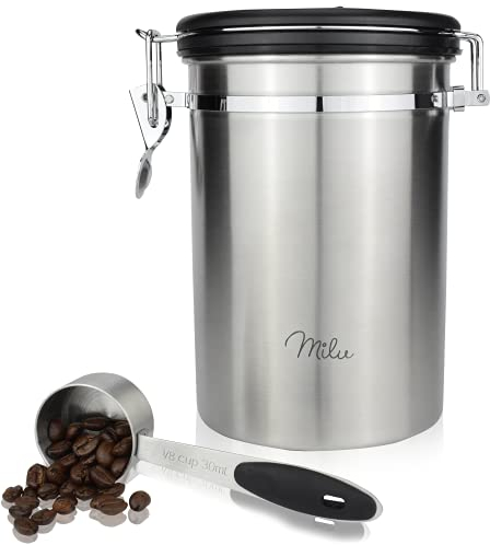 Milu Kaffeedose luftdicht | 500g, 700g | Kaffeebohnen Behälter Edelstahl Vorratsdosen Vakuum Kaffeebox mit Kaffeelöffel (Edelstahl, 700g)