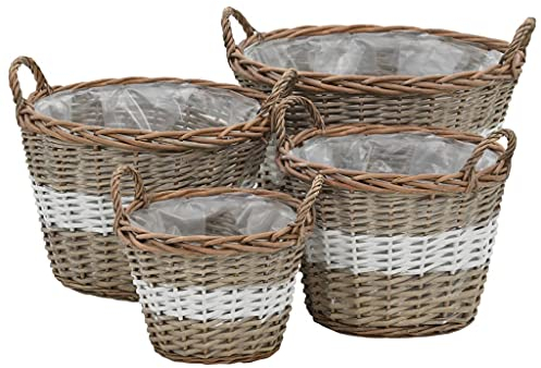 Hochbeet 4-TLG. Weide mit PE-Auskleidung Handgefertigt Rattan-Pflanzkübel Weidenkorb-Pflanzgefäß Korbweide-Blumenkasten Geländer-Pflanzkasten Gartendekoration für Garten Hinterhof Terrasse