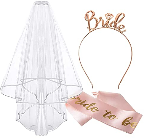 Bride to Be Sash and Veil, Accessoires de fête de Poule avec diadème Blanc Bride to Be Sash Bandeau de mariée, décorations de Poule de Mariage en Or Rose pour Les Jeux de soirée Entre célibataire