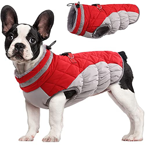 FUAMEY Dog Coat for Small Dogs,Waterproof Dog Winter Jacket with Harness Built in Puppy Cold Weather Coats Reflective Pet Vest with Zipper Warm Fleece Dogs Snowsuit Windproof Red S