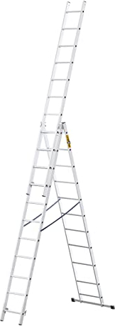 DRABEST - Home - Aluminium-Leiter - 3x6 Sprossen - Max. 2,97 m lang - Max. Arbeitshöhe 3,98 m - bis 150 kg - 3-teilig - Mehrzweck-, Steh-, Auszieh- Klappleiter - rutschfest - Verstellbar