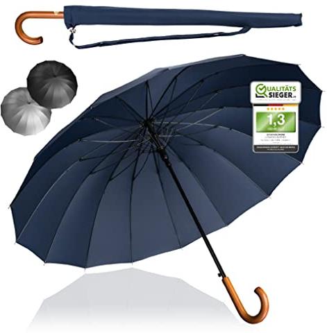 LOGAN & BARNES Stockschirm Sturmfest Ø120cm mit hochwertigem Echtholzgriff und geräuschloser Gummispitze - XXL Regenschirm Groß mit 16 Streben - Modell EDINBURGH (Blau)