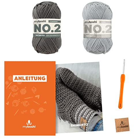 myboshi Häkelset Socken Shimanto, Häkelset für Anfänger, inkl. No.2 Wolle, Häkelnadel und Anleitung, Label, Häkelpaket, 85% Baumwolle, 15% Kapok Hellgrau, mit Häkelnadel