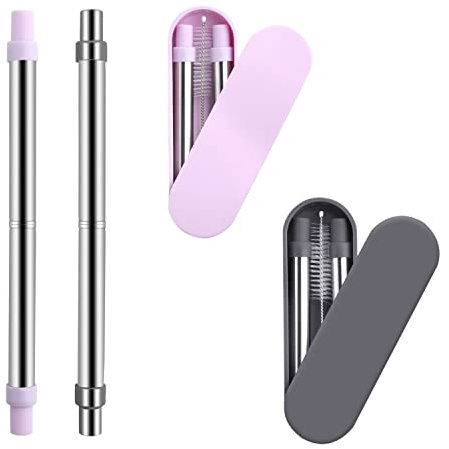 GWAWG Paquete de 2 pajitas reutilizables de acero inoxidable retráctiles, plegables y reutilizables de metal – Paja de acero inoxidable y cepillo de limpieza (gris, azul y rosa claro)