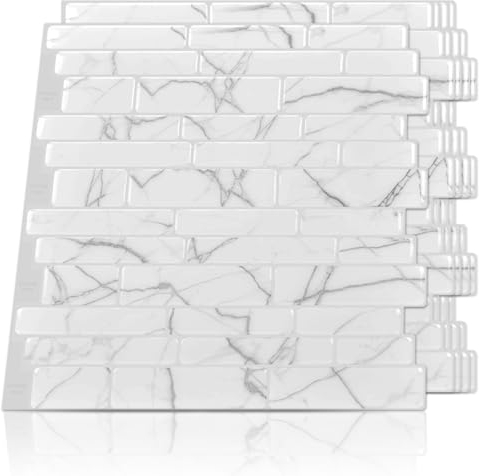 Art3d Keramikfliesen selbstklebend Fliesenaufkleber Küche Bad Mosaik Vinyl Fliesen Marmor Weiß 30×30cm