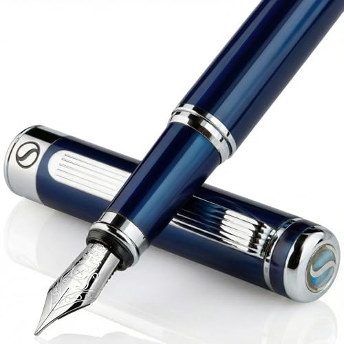 Scriveiner Midnight Blue Fountain Pen - Stunning Luxury Pen with Chrome Appointments, Schmidt Nib (Fine), Best Pen Gift Set for Men & Women, Professional, Executive, Office, Nice Pens