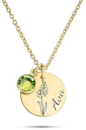 ZNA JEWELS Sterling Silver Birth Flower Necklace, Personalised Pendant, Gift for Her, 925 Silver (Gold Finish)