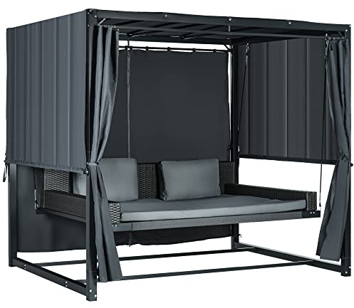 Outsunny Dondolo Lettino e Pergola Gazebo 3 in 1 con Tettuccio Regolabile e Tende Laterali, Acciaio e Rattan PE, 235x180x210cm, Grigio Scuro