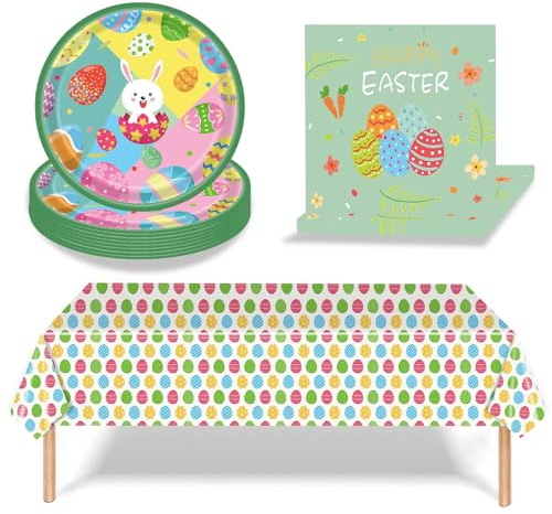 Ostern Partygeschirr,37 Stück Osterhase Partyteller Set,Hase Geburtstag Geschirr Kit,Ostern Kaninchen Geburtstag Party Supplies,Pappteller Tischdecke Papierservietten für Ostern Kindergeburtstag Party