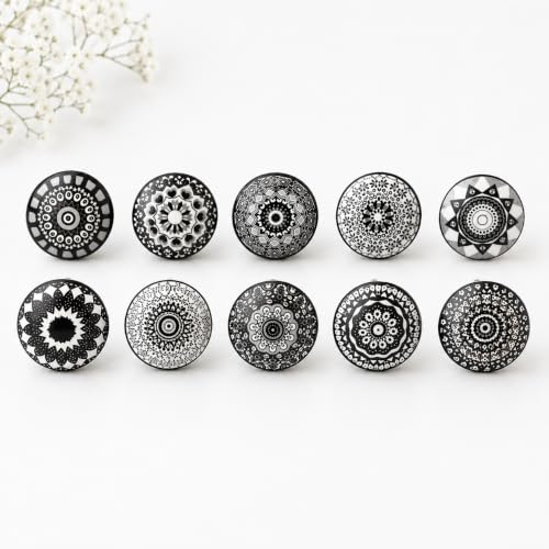 ARTISNO Ceramic Knobs for Cabinets - Set of 10 Black Mixed Design Round Ceramic Knobs Hand Painted Boho Kitchen Cabinet Drawer Knobs | Wardrobe and Dresser Pulls with Glossy Finish