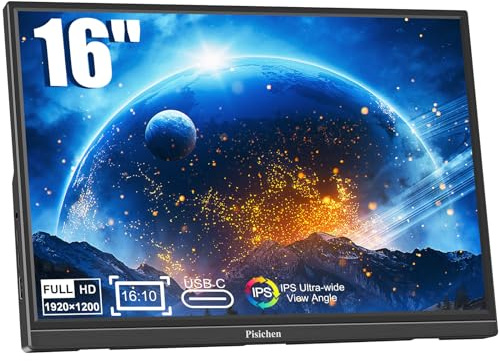Pisichen Portable Monitor 16 Inch FHD 1920X1200P USB C HDMI Monitor Ultra-Slim IPS Display HDR Eye Care, Second External Monitor for Laptop PC Computer