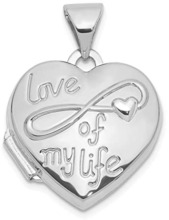 14 Karat Weißgold poliert Love Of My Life 15 mm Herz Foto Medaillon Anhänger Halskette Schmuck für Frauen, One Size, Gold Metall Weißes Gold, Kein Edelstein