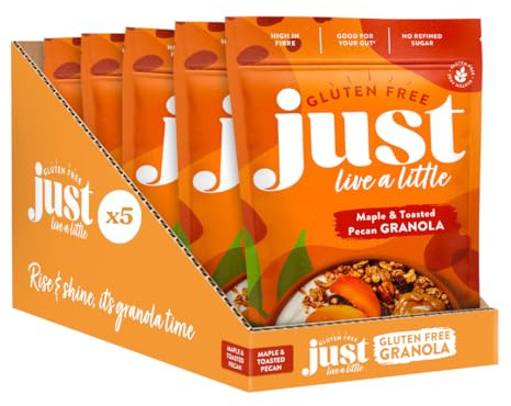Just Live a Little Maple Syrup,Pecan & Cinnamon Granola | 5 x 360g packs | Vegan | Gluten Free | No Added Sugar - High in Fibre Breakfast Cereal - Low Sugar Granola