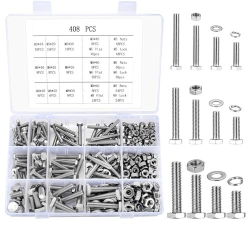 SZSLMY 408 Pcs Hex Bolts and Nuts Set, M5 M6 M8 Machine Bolts and Hex Nuts and Lock Washers and Flat Washers Assortment Kit, Stainless Steel Full Thread Bolts with Spring Washers