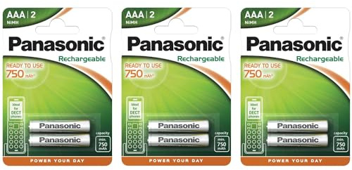 PANASONIC Lot de 3 Blisters de 2 Piles Rechargeables AAA NiMH HR03 750 mAh Ready to Use - 1,2V