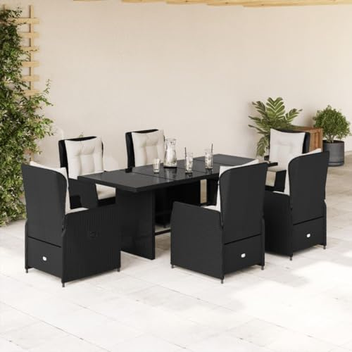 Gecheer 7-TLG. Garten Essgruppe Rattan, Terrassenmöbel 6 Personen, Sitzgruppe Outdoor, Gartenmöbel, Gartengarnitur Set, Kissen, Schwarz Poly Rattan