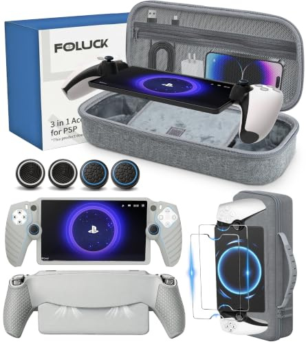 Foluck 3 in 1 Accessoris Set Compatible with Playstation Portal, EVA Carrying Case for PS5 Portal, Soft Silicone Protective Cover, 2 Pack Screen Protector, Ps Portal Accessories, Grey