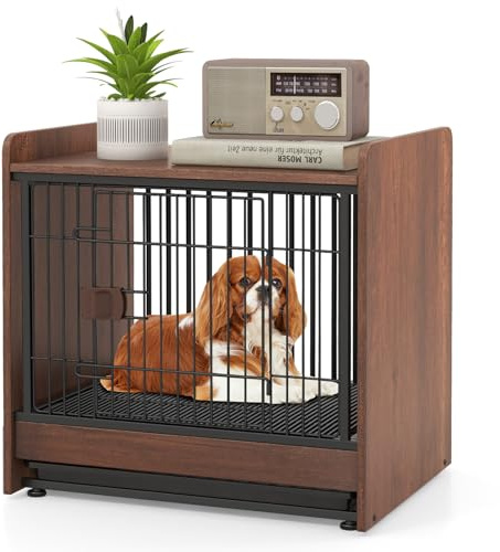 GOPLUS 2 in 1 Hundekäfig, Tierkäfig Innen mit Schloss & abnehmbarem Tablett, Hundehütte & Beistelltisch, 61 cm Kleine Hundebox für kleine & mittelgroße Hunde bis zu 50 kg, Rustikales Braun