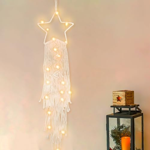Atrapasueños Macrame, Tapiz Tejido, Tapiz de Pared de macramé con luz LED, Tejido Bohemio, Estrella y Luna, atrapasueños, para Celebraciones de Boda,habitación Infantil, cafetería (B)