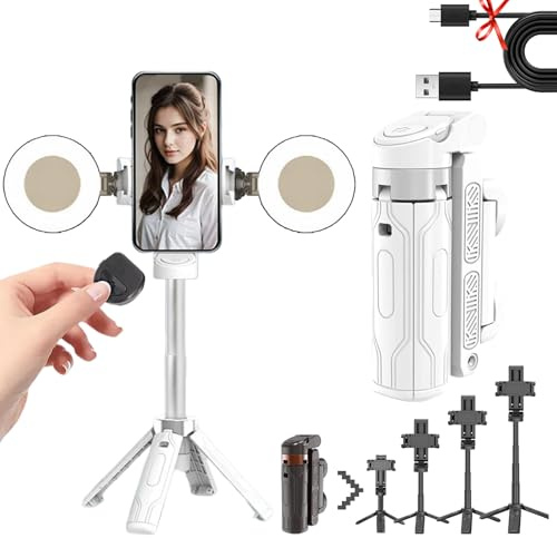 Pocketflex Mini Tripod, Tripod Jj02 Pocketflex, 2025 New 360° Portable Rotation Bluetooth Retractable Tripod for Cell Phone, Extendable Grip Phone Tripod with Detachable Remote (2 Light,White)
