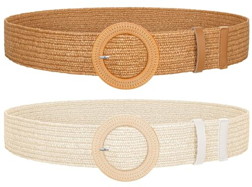 SUOSDEY 2 Stück Stroh gewebter elastischer Stretch-Taillengürtel für Frauen Sommer Boho Wide Waist Dress Band Geflochtene Gürtel, Braun+Beige