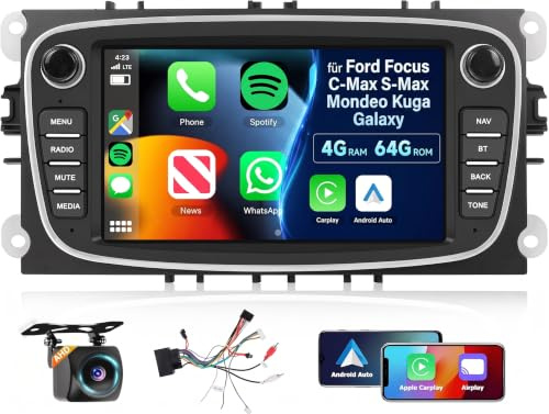 Fuluku 4+64G 7 Autoradio für Ford Focus C-Max S-Max Mondeo Kuga Galaxy | Wireless Carplay Android Auto, 7'' IPS Touch Screen Radio mit Bluetooth 5.0/GPS/Rückfahrkamera/FM/WiFi/SWC