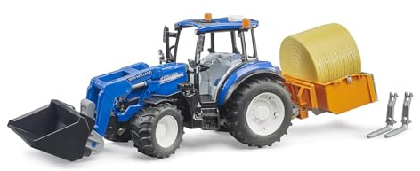bruder 02187 - New Holland T5.120 avec chargeur frontal, caisse de chargement, fourches et balles rondes - 1:16 Tracteur, Véhicules, Ferme, Bulldog