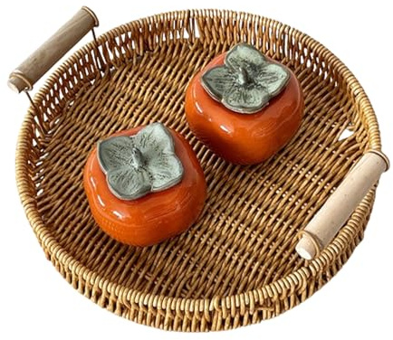 Plateau rond rond - plateau de rangement tissé naturel avec poignées, organisateur décoratif boho | Plateau de comptoir de salle de bain, affichage du débardeur de toilette, plateau de vanité pour déc