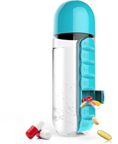 PEKJDS 2 in 1 Bottiglia d'acqua portatile con Organizzatore della scatola della pillola 7 giorni Scatola del pianificatore Containeri dei casi della medicina di viaggio (Blue)