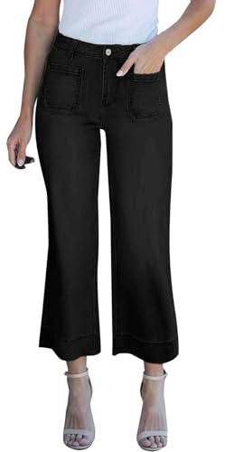 Capri Denim Pants for Women UK Elasticated High Waist 3/4 Length Jeggings Baggy Straight Wide Leg Jeans Solid Cropped Denim Trousers Lightweight Causal Jean Pants with Pockets for Work & Streetwear
