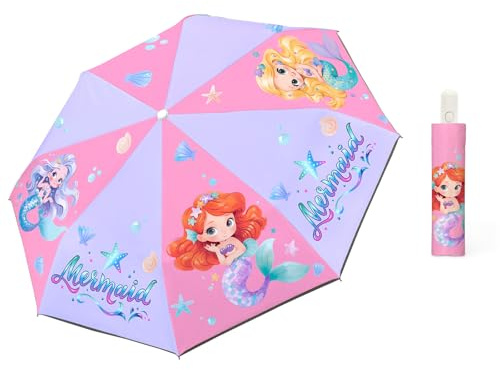 alldomess Autoamtic Kids Umbrella UV Resistant, Folding Compact Umbrella 360° Reflective Strip for Travel Outdoor, Lightweight Cute Kids Parasol Anti-rebound Safe for Toddler,Underwater Mermaid