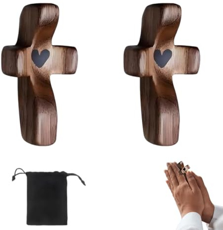 ZORVYN 2 pièces Croix en bois protectrice, Jésus en forme de cœur, de pouce pour prière et méditation, Soulagement du stress, Cadeau spirituel d'encouragement, Support de poche, accrocheur artisanal