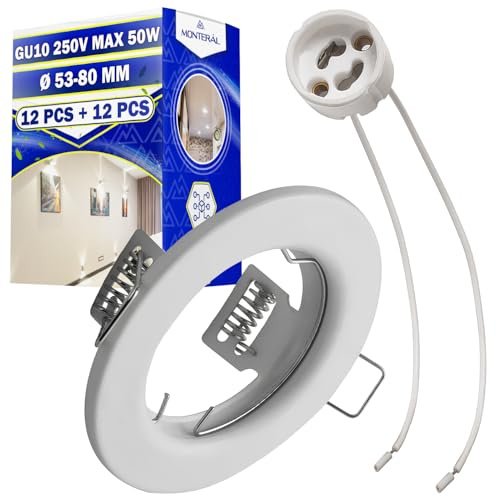 MONTERAL Satz 12 Stück LED Einbaustrahler Rahmen Ø 53-80 mm und 12 Stück Keramische GU10 Fassung 250V für Glühbirne Max 50W – Farbe Weiß – Garantie 10 Jahre