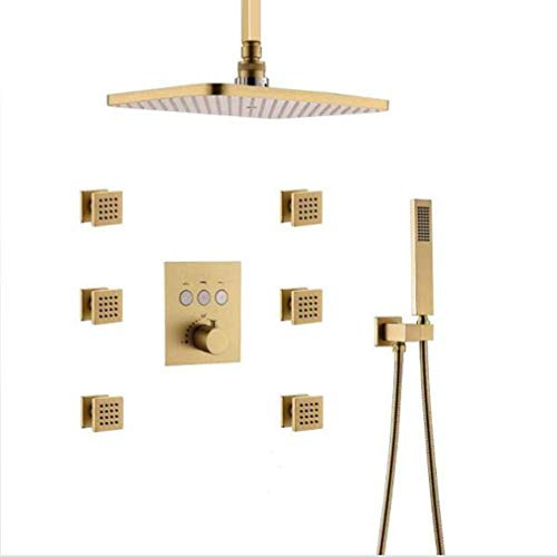 Thermostatic Ceiling Shower Faucet System Rectangular 12 x 8 Inch Rectangular Rainfall Shower Head with 6 PCS Body Jets Mixer Set, Brushed Gold Shower Set,Brushed Gold
