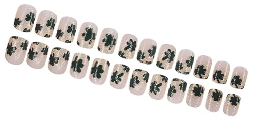 Lot de 24 faux ongles carrés courts à coller sur trèfles artificiels
